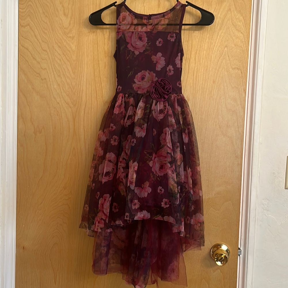 Zunie Burgundy Chiffon Floral Asymetrical Dress- Girl Size 8!!!